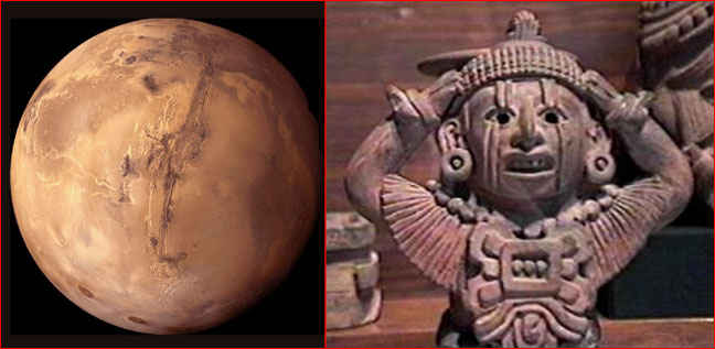 Links: Mars photographiert von Mariner 4 in 1965, rechts Azteken Gott Xipe [http://www.thunderbolts.info/tpod/2005/arch05/050412scarface.htm]